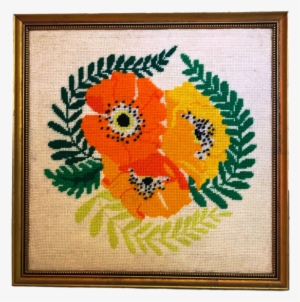 Framed Vintage Gold Frame Poppy Flower & Garland Needlepoint - Needlepoint Art