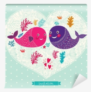 Vector Wedding Invitation With Cute Fishes Wall Mural - Wedding Invitation