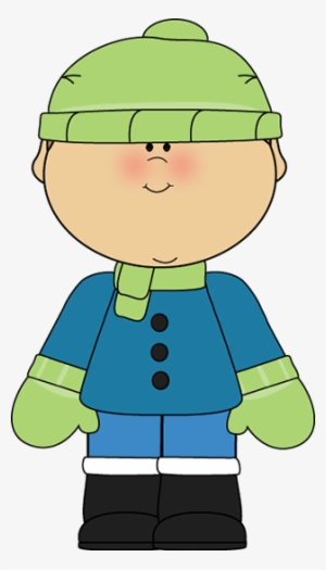 In A Green Scarf Cap Gloves Blue Winter Coat And Snow - Winter Boy Clipart