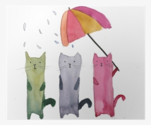 Three Cats In The Rain Watercolor Illustration Poster - Umbrella