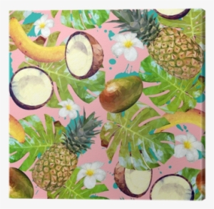 Vector Pattern With Pineapple, Bananas, Coconuts, Mango, - Fruit Tropical Plants Pattern
