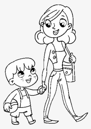 Mother Walking With Child Coloring Page - Crianças Andando Desenho Png