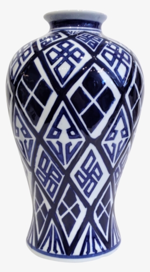 White With Navy Blue Geometric Design Tall Vase - Vase