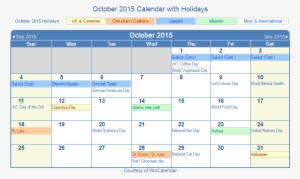 October 2015 Printable Calendar With Us Holidays Including - Holidays In February 2019