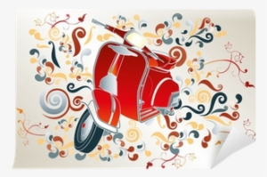 Retro Illustration With Red Scooter, Colorful Swirls - Illustration