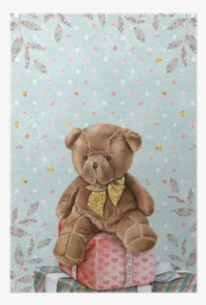 Cute Watercolor Teddy Bear With Gift Boxes Poster •