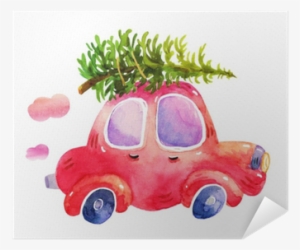 Watercolor Winter Retro Car With Christmas Tree Illustrations - Christmas Tree On Car Drawing