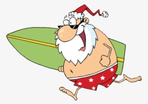 Santa In Bathing Suit Running With A Surfboard - New Zealand Santa Cartoon