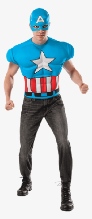 Adult Captain America Muscle Costume Top And Mask - Captain America Muscle Chest Adult Costume Top
