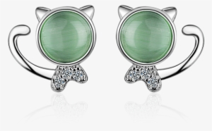 Cute Solid 925 Sterling Silver Green Opal Cat Ear Stud - Earrings