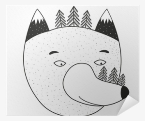 Vector Illustration With Cartoon Wolf Head, Pine Trees - Illustration