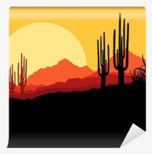 Desert Wild Nature Landscape With Cactus And Palm Tree - Arizona Desert Clipart