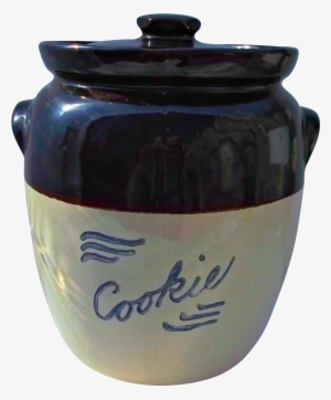 Old Pottery Stoneware Cookie Jar Brown Tan Cobalt Vintage - Earthenware