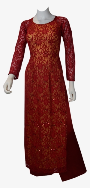Red Lace Ao Dai Vietnamese Traditional Long Dress - Gown