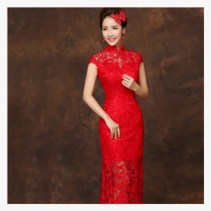 Floor Length Red Lace Checonsam Chinese Mandarin Collar - Wedding Dress