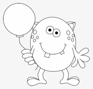Black And White Monster Holding A Balloon Clip Art - Black And White Monster Png