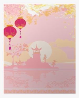 Old Paper With Asian Landscape And Chinese Lanterns - Paper