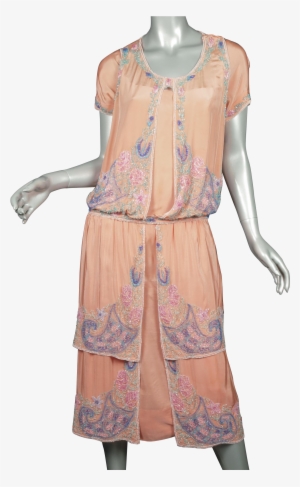 1920s Beaded Flapper Dress Salmon Silk Superb - A-line