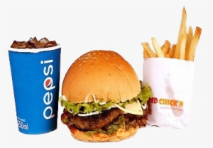 Beef Burger With Cheese, French Fries 1, Soft Drinks - Burger With Cold Drinks Png