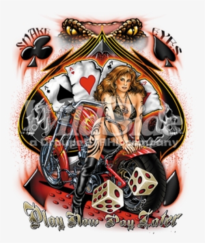 Bikini Biker Babe On Motorcycle With Snake Eyes, Playing - Biker Pinup Girl Motorcycle Chopper Custom Bike T-shirt