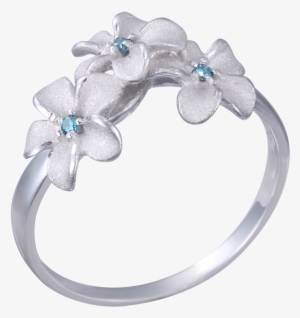 14k White Gold Plumeria Ring With 3 Blue Diamonds - Gold