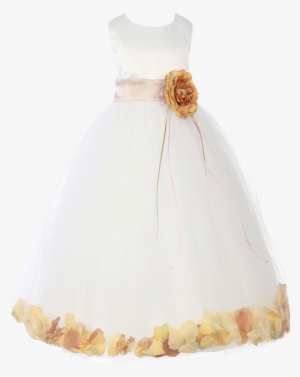Champagne Satin & Tulle Flower Petal Dress W Sash - Dress
