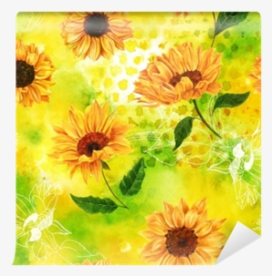 Seamless Pattern With Watercolor Sunflowers On Yellow-green - Watercolor Painting
