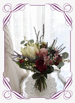 An Elegant Artificial Bridal Bouquet With Silk Protea, - Wedding Cake With Artificial Flowers