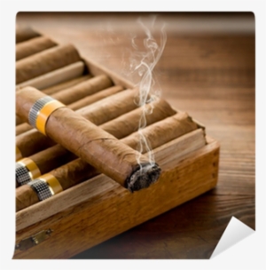 Smoking Cuban Cigar Over Box On Wood Background Wall - Tobacco Cigar