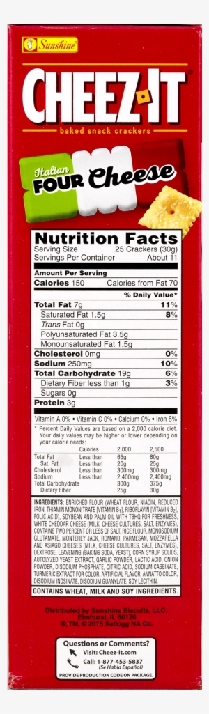Cheez-it Baked Snack Cheese Crackers Italian Four Cheese - Ingredient And Nutrition Label Original Reduced Fat