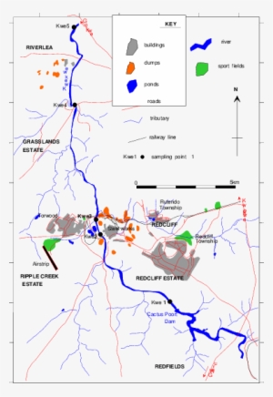 Study Area Map Showing Sampling Sites Along Kwekwe - Kwe Kwe River