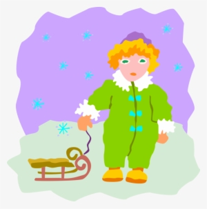 Vector Illustration Of Young Girl Pulling Toboggan - Snow