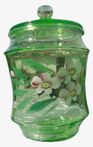 Vintage Green Depression Glass Cookie Jar Or Cracker - Pansy