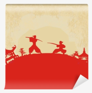 Old Paper With Samurai Silhouette Wall Mural • Pixers® - Rick Graphic Print & Text Semi-sheer Rod Pocket