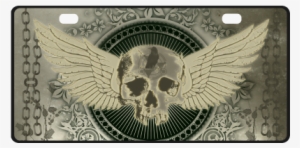 Skull With Wings And Roses On Vintage Background License - Awesome Skull With Wings On A Decorative Button Ya