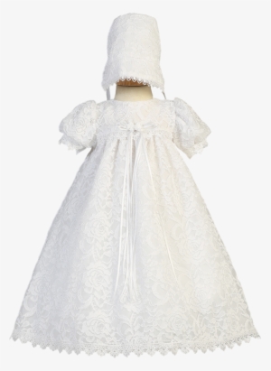 Floral Lace Overlay Satin Christening Dress With Scalloped - Baptism Dresses For A Toddler