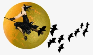 Vintage Witch Flying Past The Moon On Broomstick - Moon Witch Transparent Png