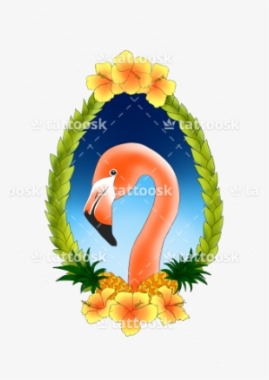 Flamingo In Leafy Frame With Hibiscus And Pineapples - Color