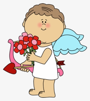 Valentine's Day Cupid With Flowers Clip Art - Valentines Day Clipart Cupid