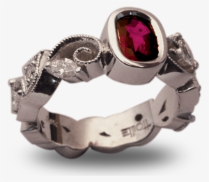 14k White Gold Scroll Shank Ring With Bezel Set Ruby - Ring