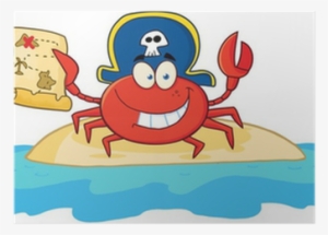 Pirate Crab Holding A Treasure Map On Island Poster - Cartoon Pirate Crab