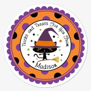 Cat Witch Wide Polka Dot Border Personalized Sticker - Sticker