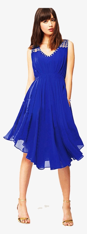 Women Hand Beaded Chiffon Sleeveless Dress Blue Unomatch - Blue Smart Casual Dress