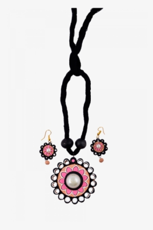 Terracotta Black Necklace With Pink Flower Pattern - Locket