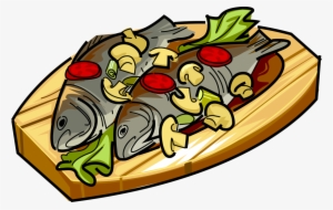 Vector Illustration Of Roast Fish With Mushrooms And - Fish Dish Clipart Png