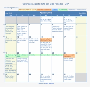 Calendario Estados Unidos Agosto 2018 En Formato De - Calendario Febrero 2019 Mexico