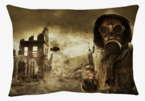 Post Apocalyptic Survivor In Gas Mask Throw Pillow - Post Apocalyptic Survivor