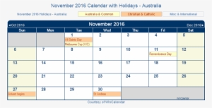 November 2016 Calendar With Australia Holidays - Australian Holiday Calendar 2018