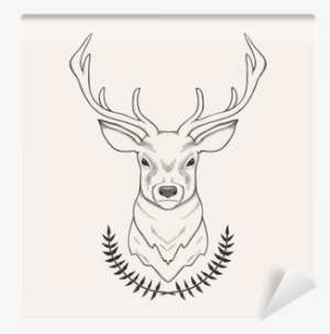 Vector Hand Drawn Illustration Of Deer And Laurel Wall - Deer Head Sketch