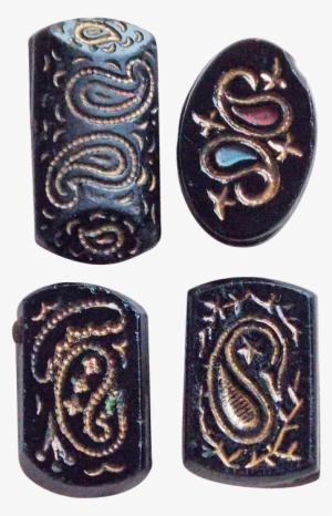 4 Antique Victorian Paisley Black Glass Buttons - Bead